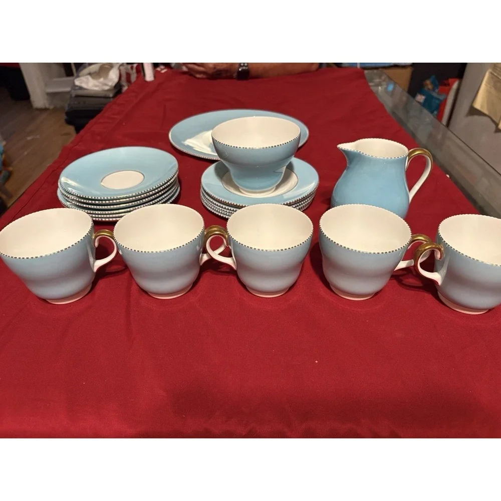 Wedgwood W4143 Sky Blue Gold Beaded Tea Set Fine Bone China England - 20 Pcs